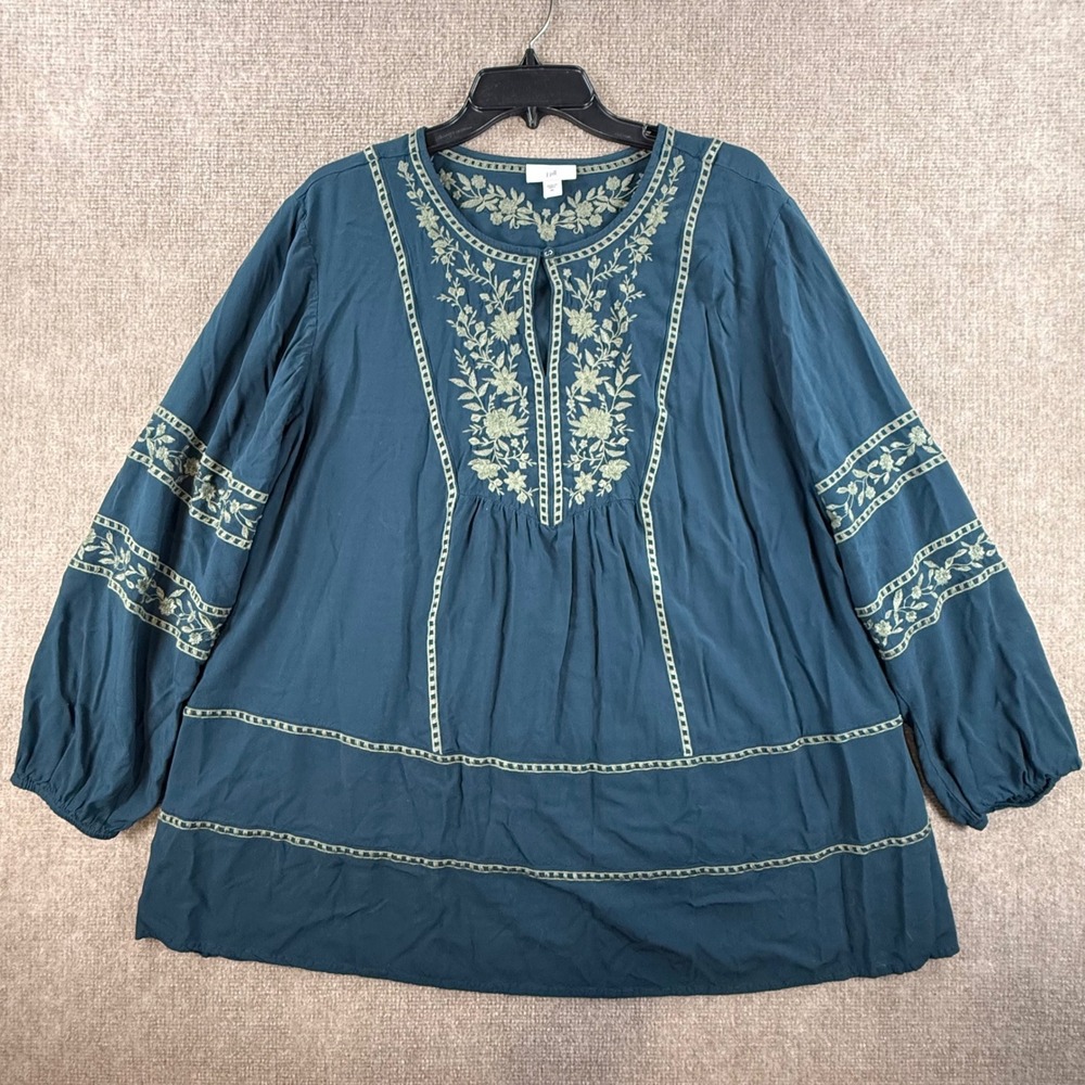 J. Jill Teal Blue Embroidered Peasant Blouse XL Viscose Floral Boho Top